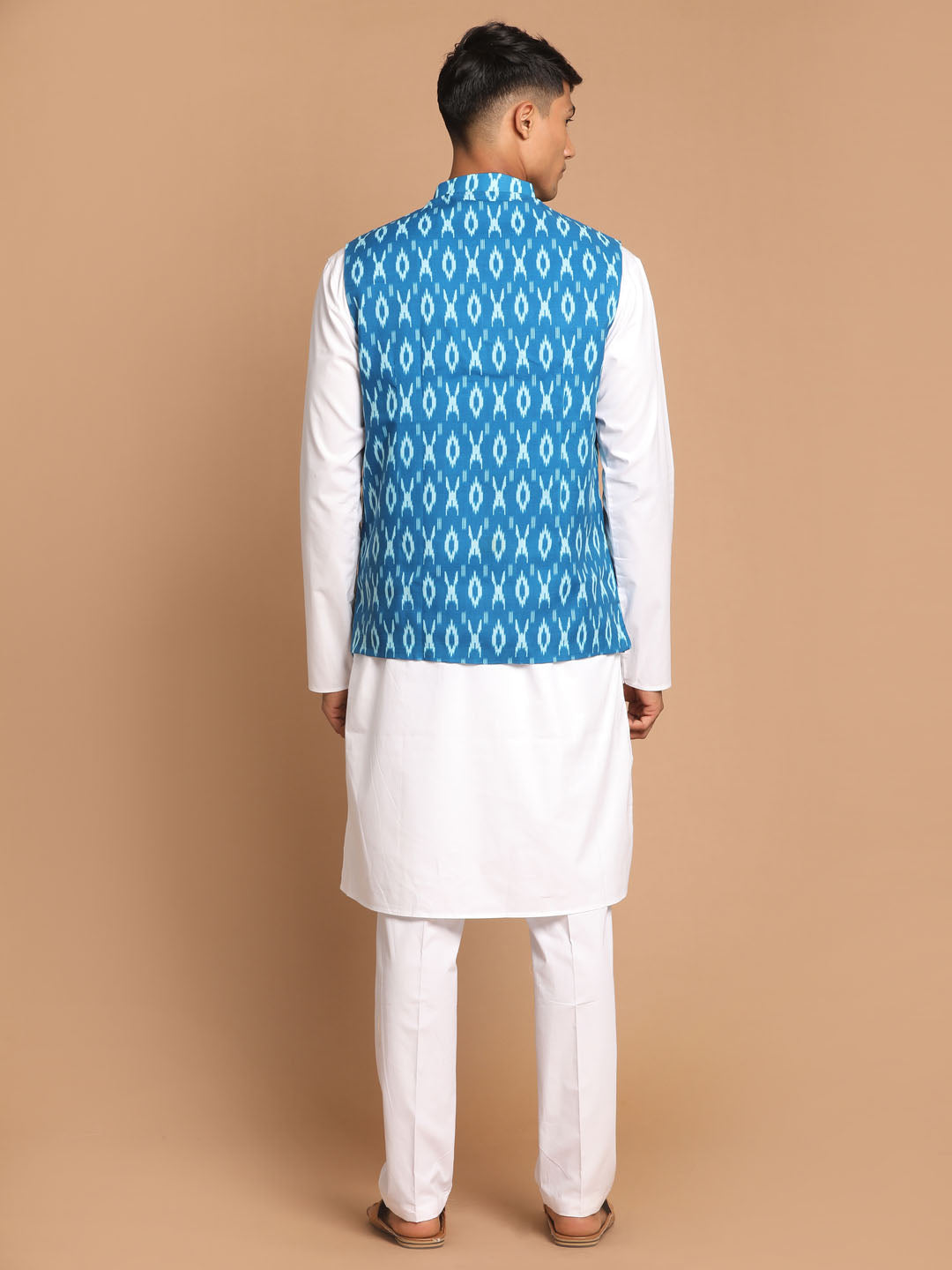 Men's Turquoise Cotton Nehru Jacket With White Kurta And Pant Set
