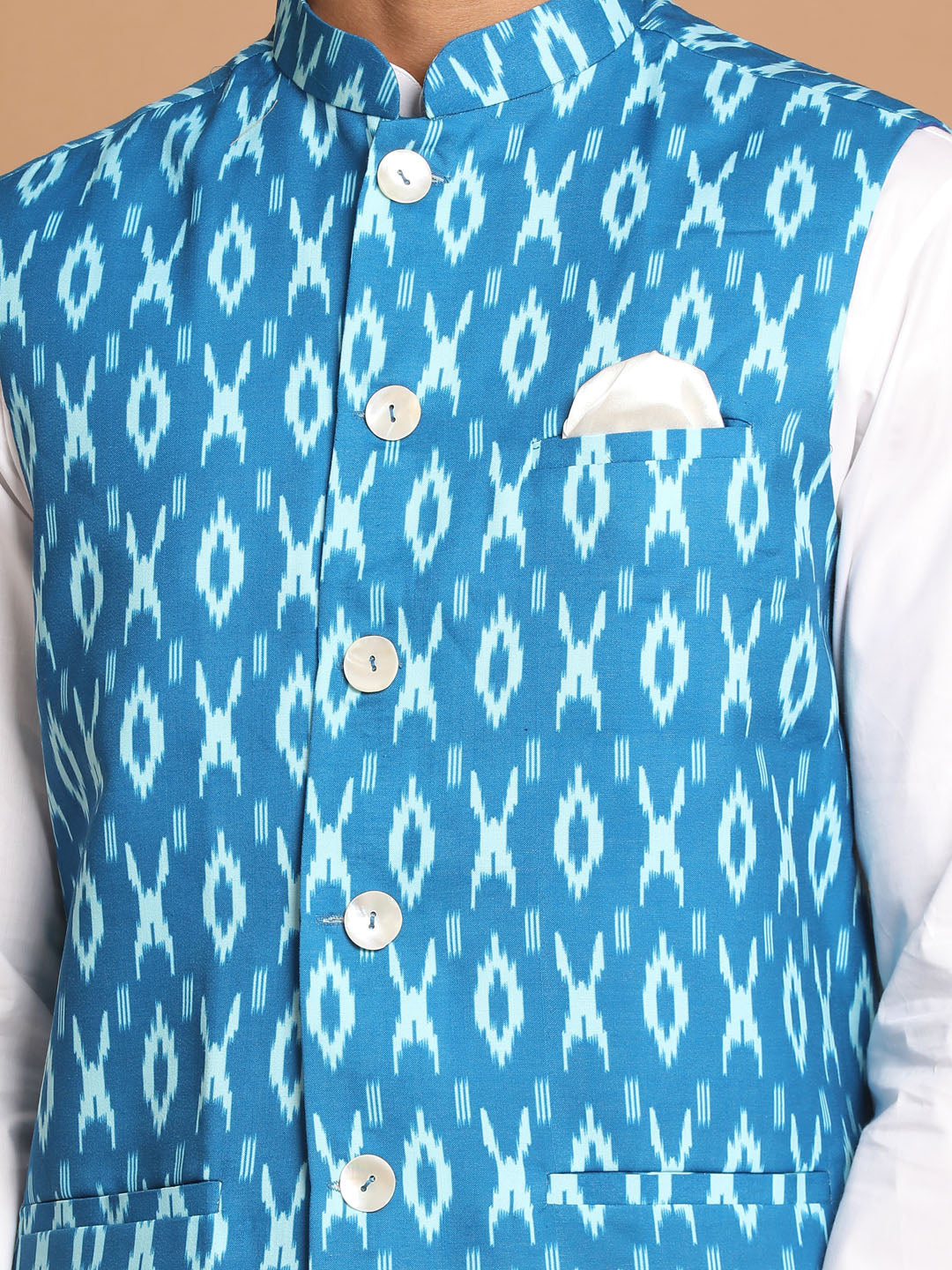Men's Turquoise Cotton Nehru Jacket With White Kurta And Pant Set