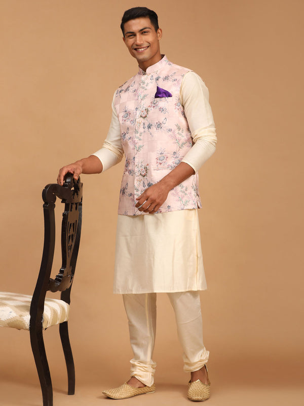 Light Pink Floral Print Nehru Jacket And Cream Solid Kurta With Pyjama Set