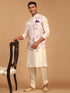Light Pink Floral Print Nehru Jacket And Cream Solid Kurta With Pyjama Set