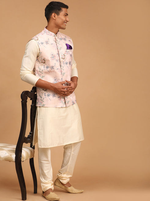 Light Pink Floral Print Nehru Jacket And Cream Solid Kurta With Pyjama Set
