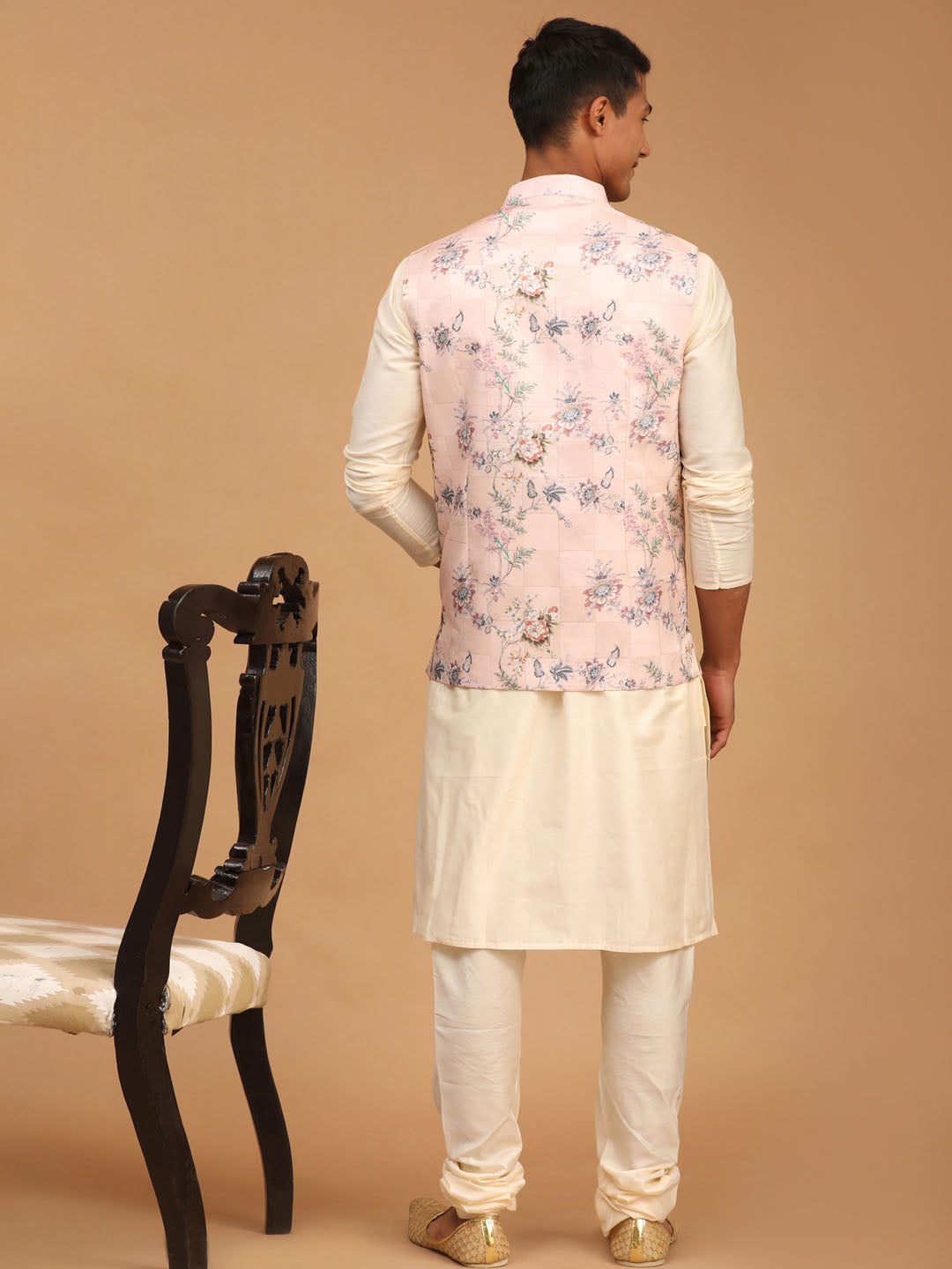 Light Pink Floral Print Nehru Jacket And Cream Solid Kurta With Pyjama Set