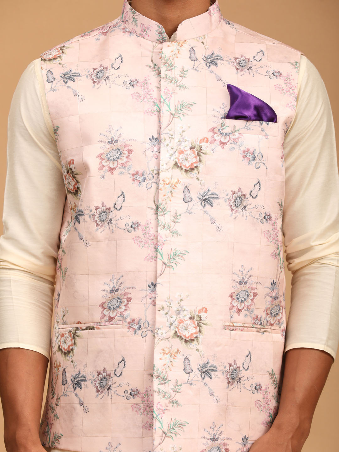 Light Pink Floral Print Nehru Jacket And Cream Solid Kurta With Pyjama Set