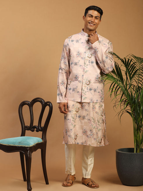 Light Pink Floral Print Nehru Jacket And Pink Printed Kurta With Cream Viscose Pant Set