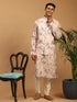 Light Pink Floral Print Nehru Jacket And Pink Printed Kurta With Cream Viscose Pant Set