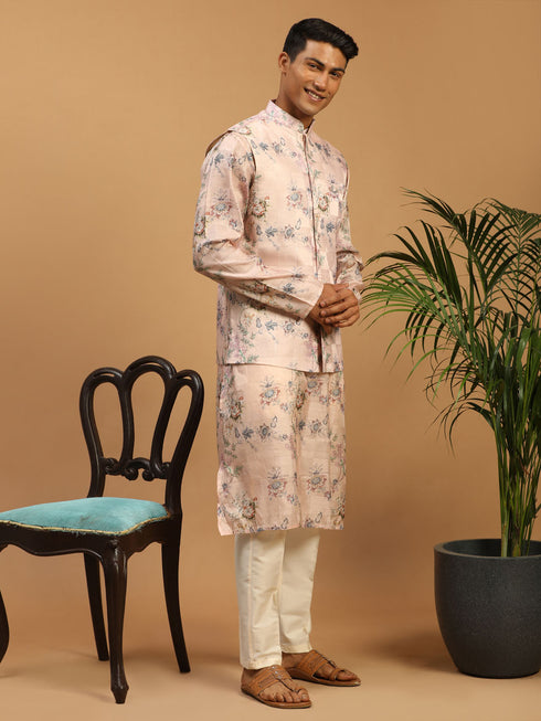 Light Pink Floral Print Nehru Jacket And Pink Printed Kurta With Cream Viscose Pant Set