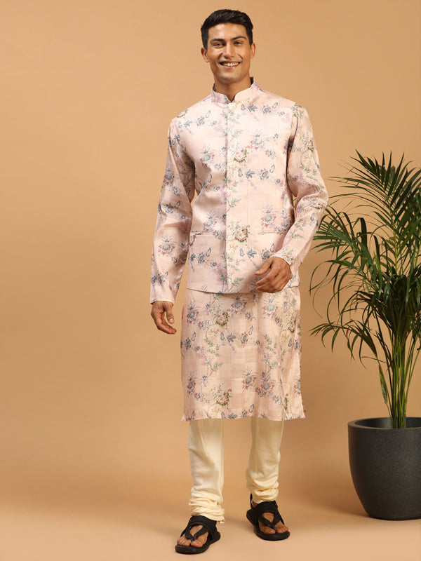 Light Pink Floral Print Nehru Jacket And Pink Printed Kurta With Cream Pyjama Set