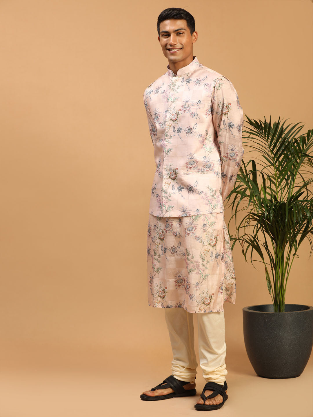 Light Pink Floral Print Nehru Jacket And Pink Printed Kurta With Cream Pyjama Set