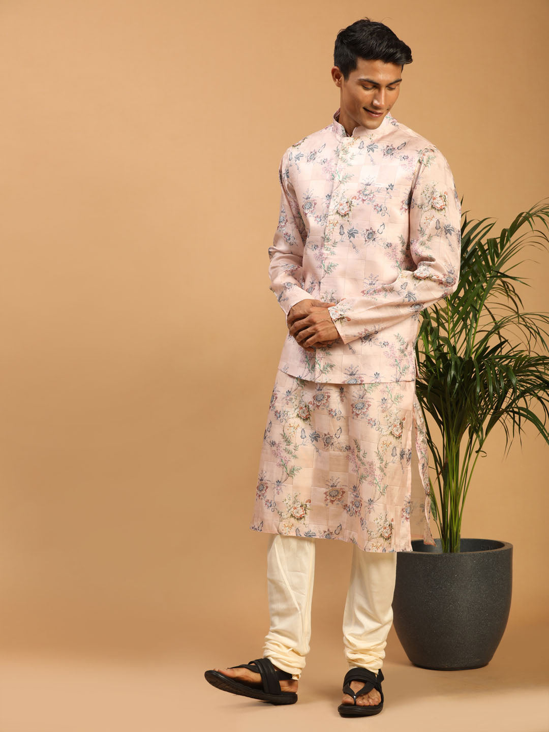 Light Pink Floral Print Nehru Jacket And Pink Printed Kurta With Cream Pyjama Set