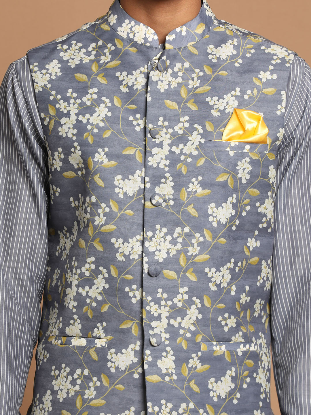 Men's Gray Floral Print Nehru Jacket
