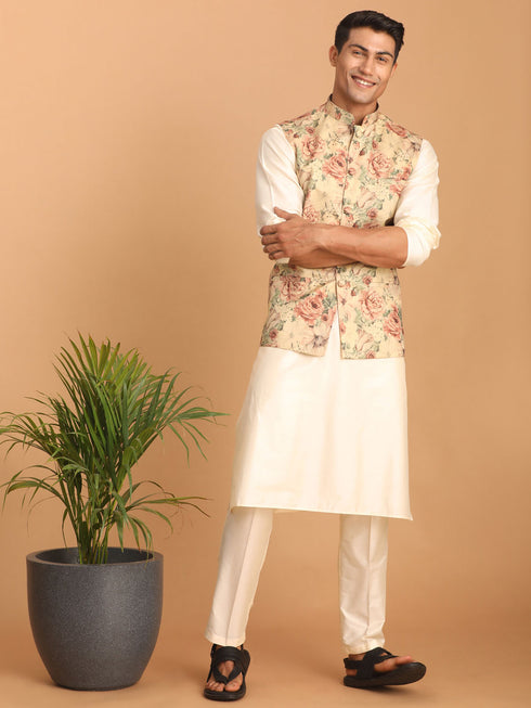 Beige Printed Nehru Jacket And Cream Solid Kurta With Pant Set