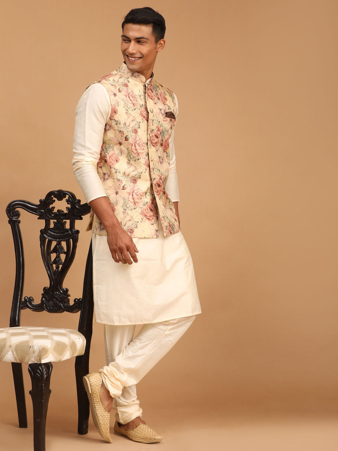 Beige Printed Nehru Jacket And Cream Solid Kurta With Pyjama Set