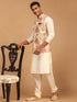 Beige Printed Nehru Jacket And Cream Solid Kurta With Pyjama Set