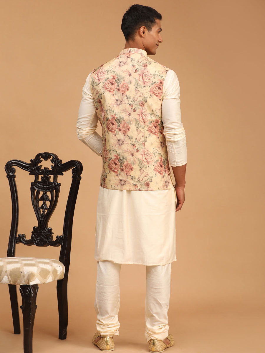 Men's Cream Woven Design Nehru Jacket With Solid Kurta Pyjama.