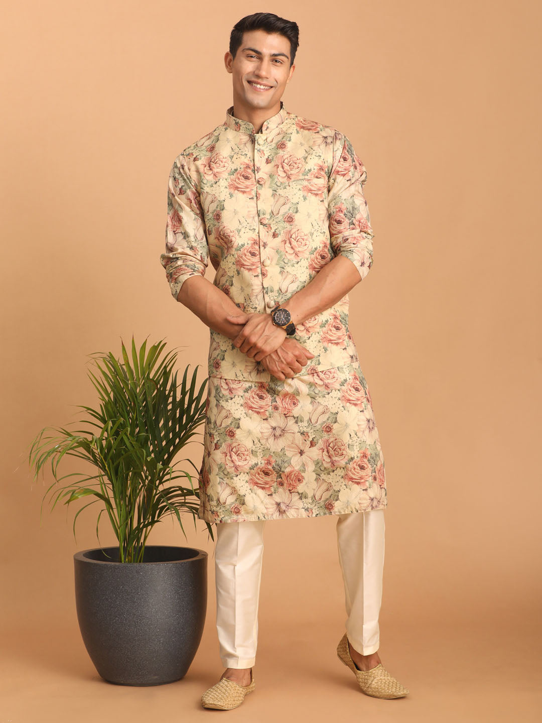 Beige Printed Nehru Jacket And Kurta With Cream Solid Viscose Pant Set