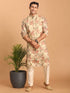 Beige Printed Nehru Jacket And Kurta With Cream Solid Viscose Pant Set