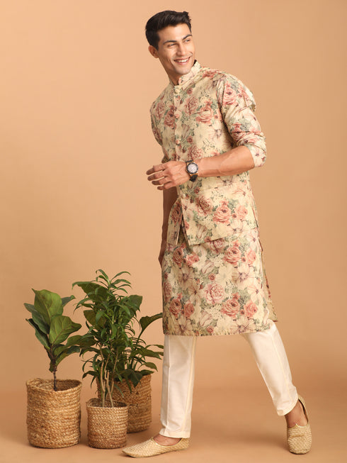 Beige Printed Nehru Jacket And Kurta With Cream Solid Viscose Pant Set