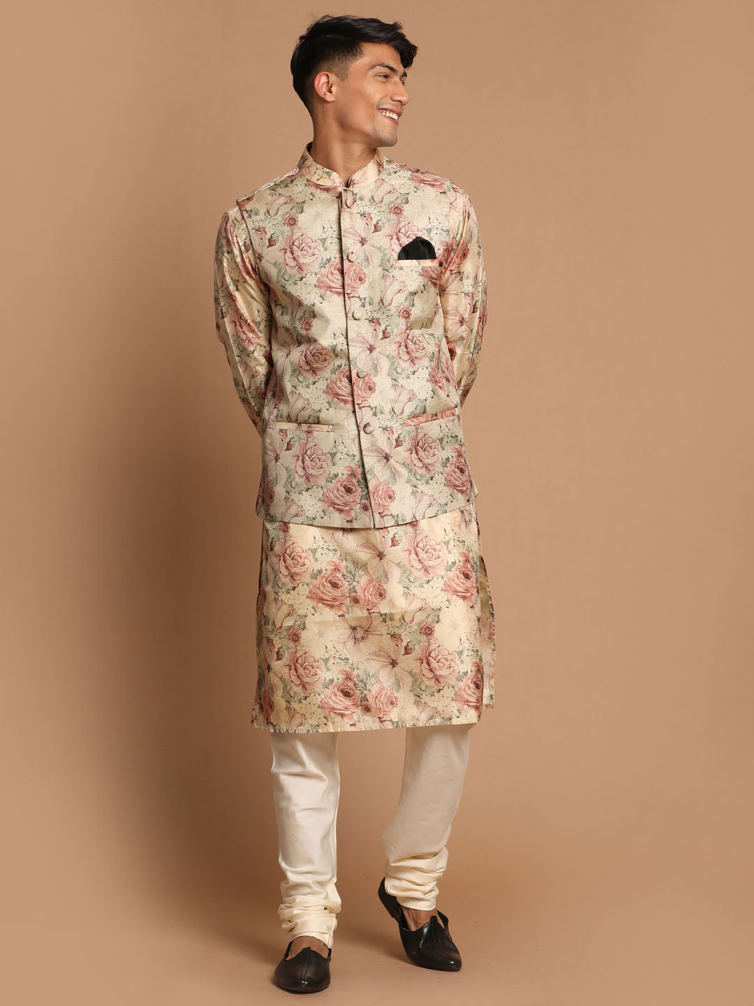 Beige Printed Nehru Jacket And Kurta With Cream Solid Pyjama Set