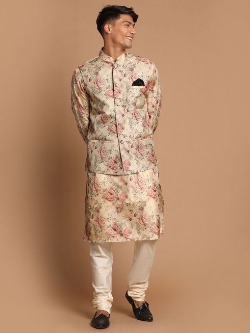 Beige Printed Nehru Jacket And Kurta With Cream Solid Pyjama Set