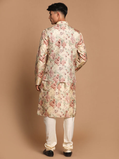 Beige Printed Nehru Jacket And Kurta With Cream Solid Pyjama Set