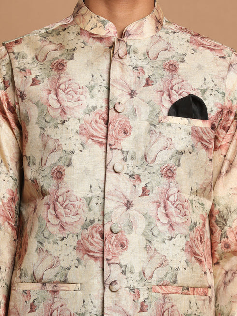 Beige Printed Nehru Jacket And Kurta With Cream Solid Pyjama Set
