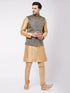 Men's Rose Gold Silk Blend Kurta And Pyjama With Black Woven Nehru Jacket