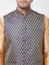 Men's Rose Gold Silk Blend Kurta And Pyjama With Blue Woven Nehru Jacket