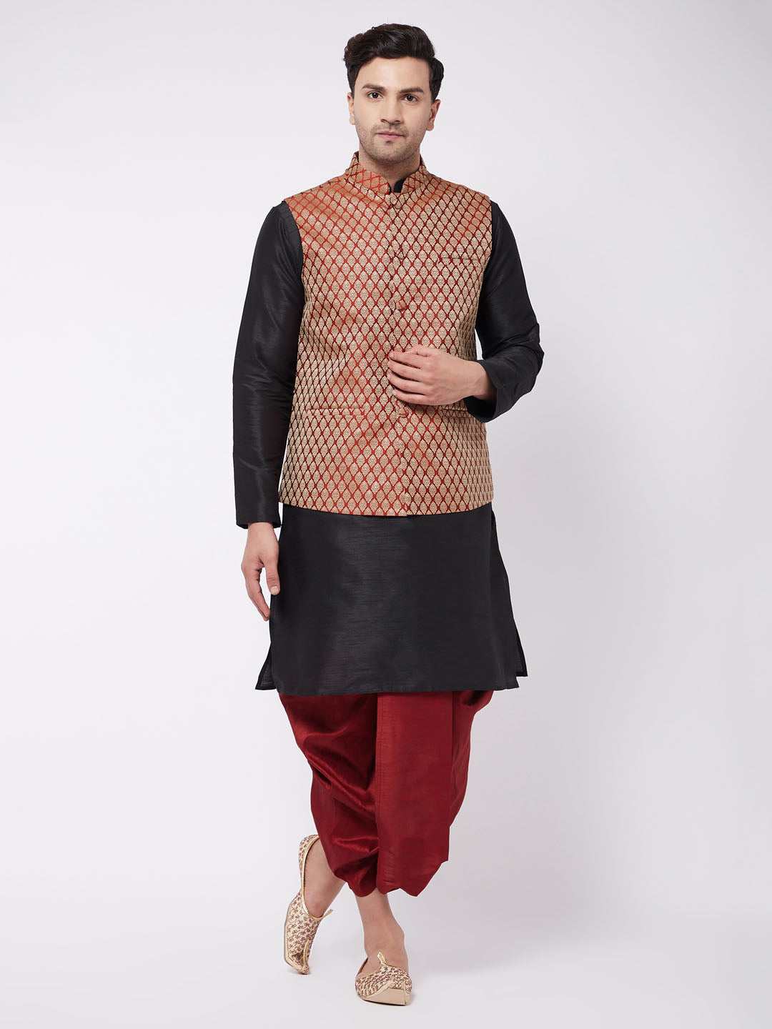 Men's Black Silk Blend Kurta And Dhoti With Maroon Woven Nehru Jacket