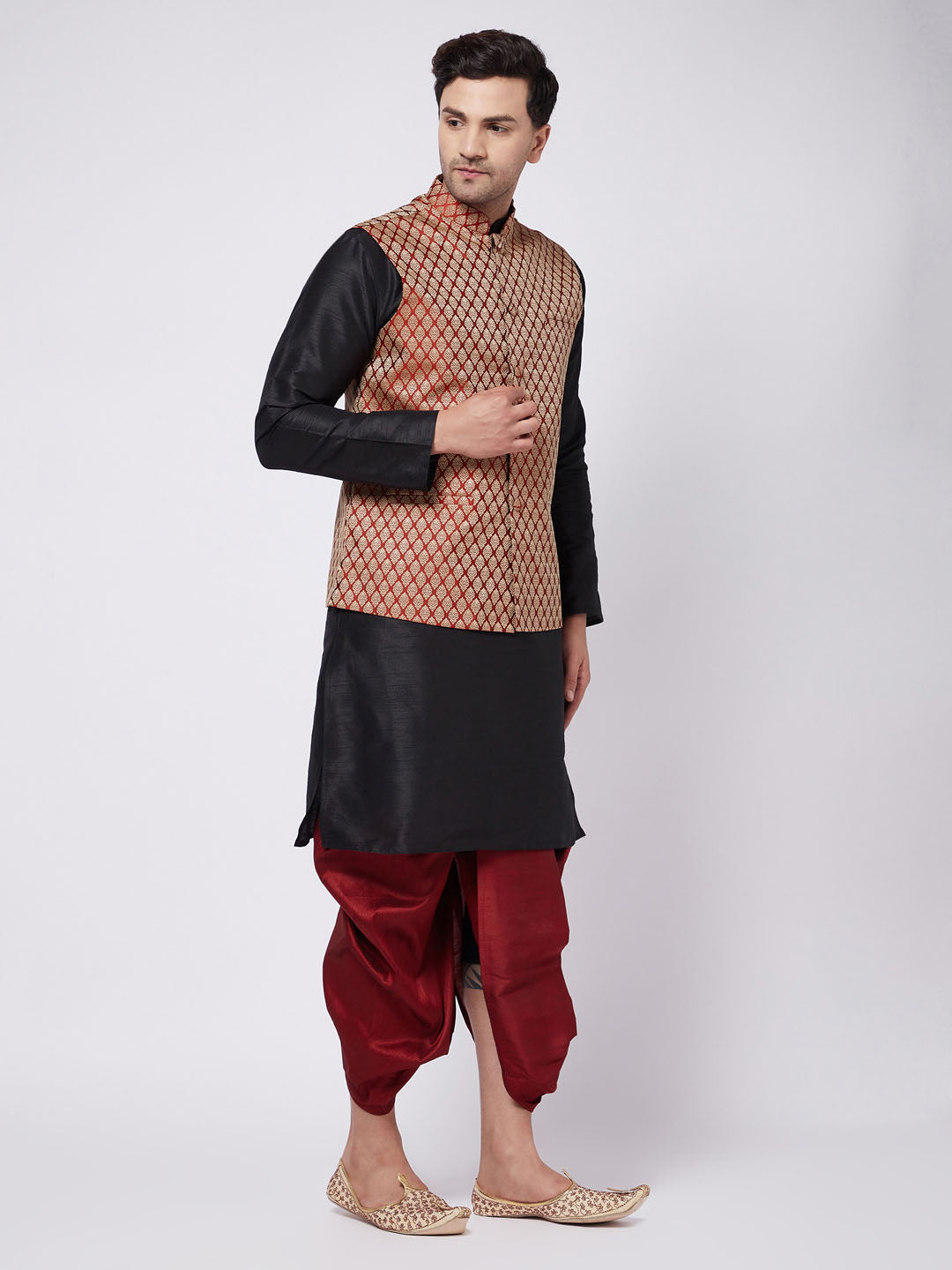 Men's Black Silk Blend Kurta And Dhoti With Maroon Woven Nehru Jacket