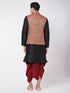Men's Black Silk Blend Kurta And Dhoti With Maroon Woven Nehru Jacket