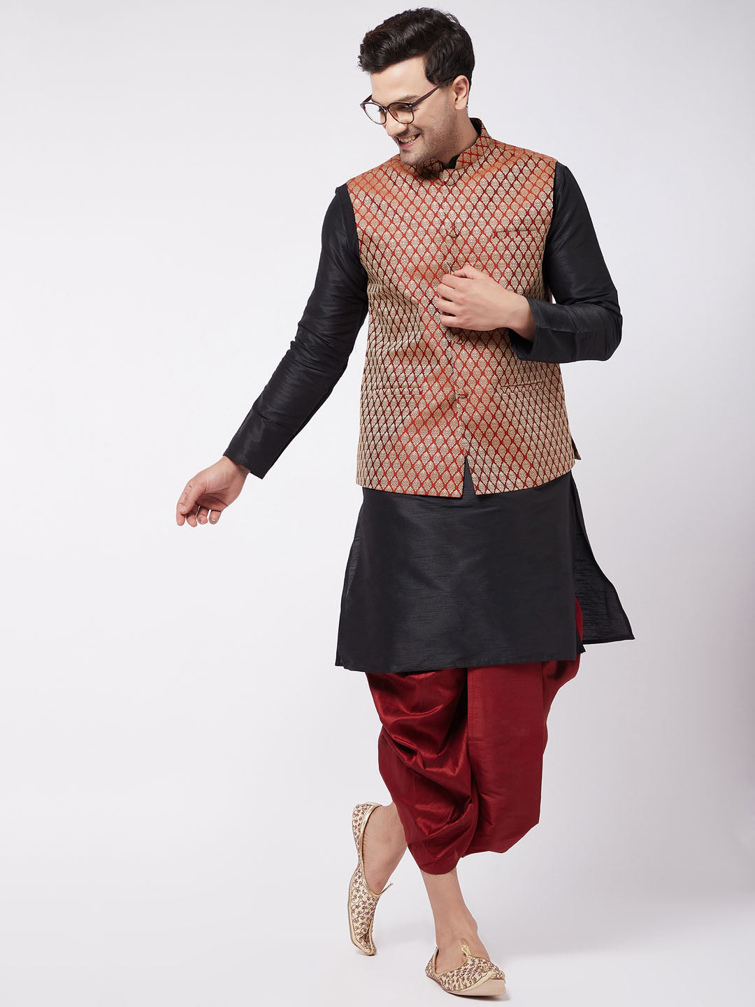 Men's Black Silk Blend Kurta And Dhoti With Maroon Woven Nehru Jacket