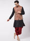 Men's Black Silk Blend Kurta And Dhoti With Maroon Woven Nehru Jacket