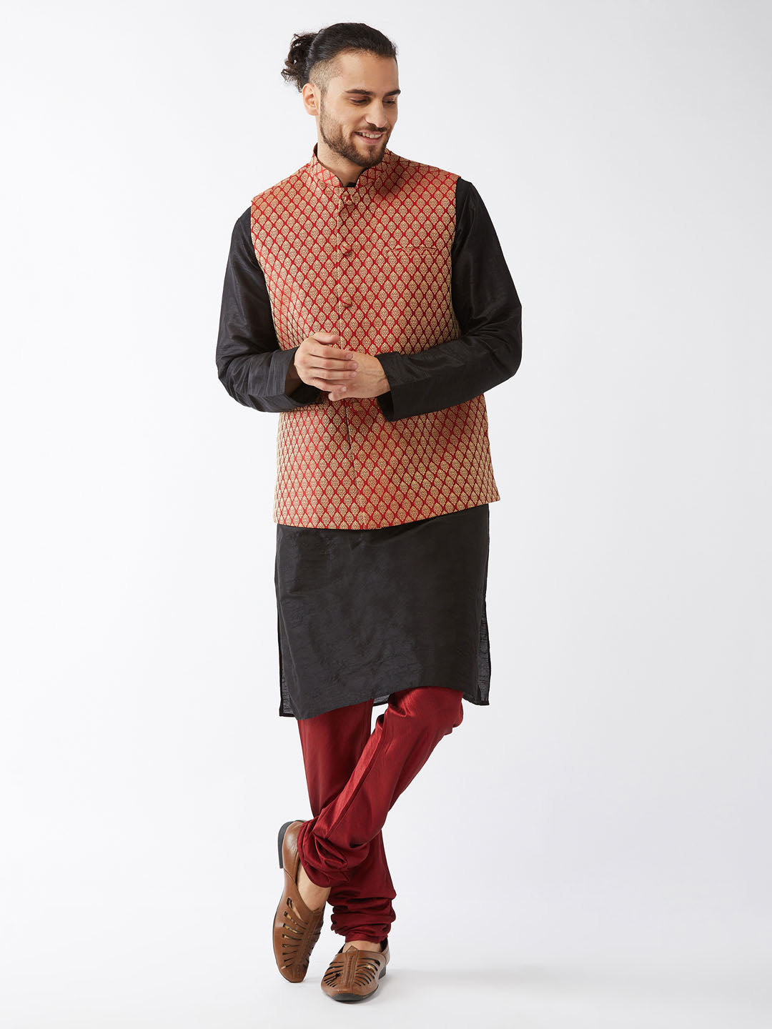 Men's Maroon Silk Blend Ethnic Jacket, Black Kurta And Maroon Pyjama Set