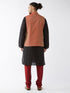 Men's Maroon Silk Blend Ethnic Jacket, Black Kurta And Maroon Pyjama Set