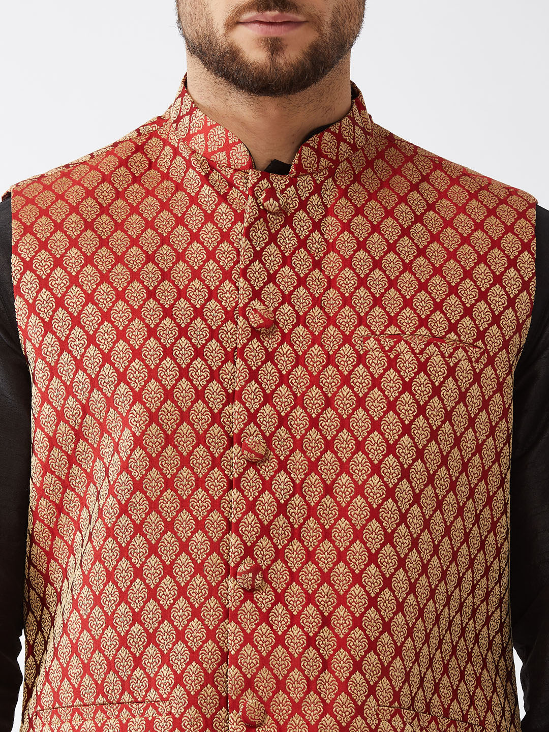 Men's Maroon Silk Blend Ethnic Jacket, Black Kurta And Maroon Pyjama Set