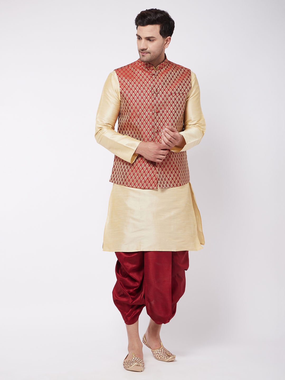 Men's Gold Silk Blend Kurta And Dhoti With Maroon Woven Nehru Jacket