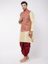 Men's Gold Silk Blend Kurta And Dhoti With Maroon Woven Nehru Jacket