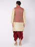 Men's Gold Silk Blend Kurta And Dhoti With Maroon Woven Nehru Jacket