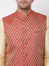 Men's Gold Silk Blend Kurta And Dhoti With Maroon Woven Nehru Jacket