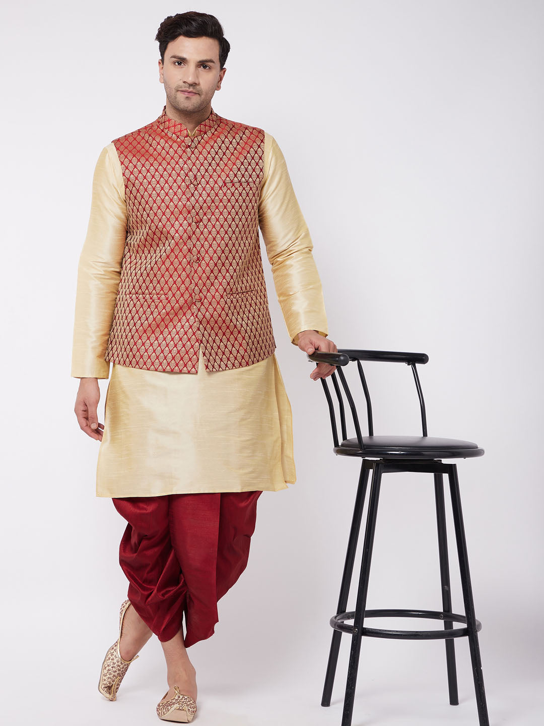 Men's Gold Silk Blend Kurta And Dhoti With Maroon Woven Nehru Jacket