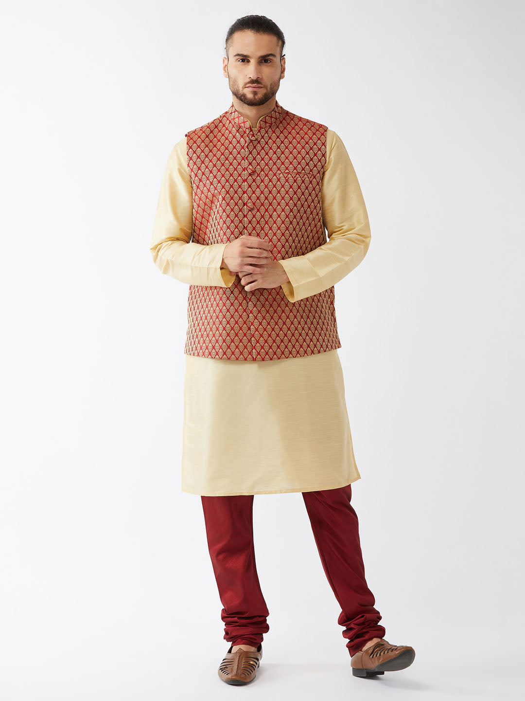Men's Maroon Silk Blend Ethnic Jacket, Gold Kurta And Maroon Pyjama Set