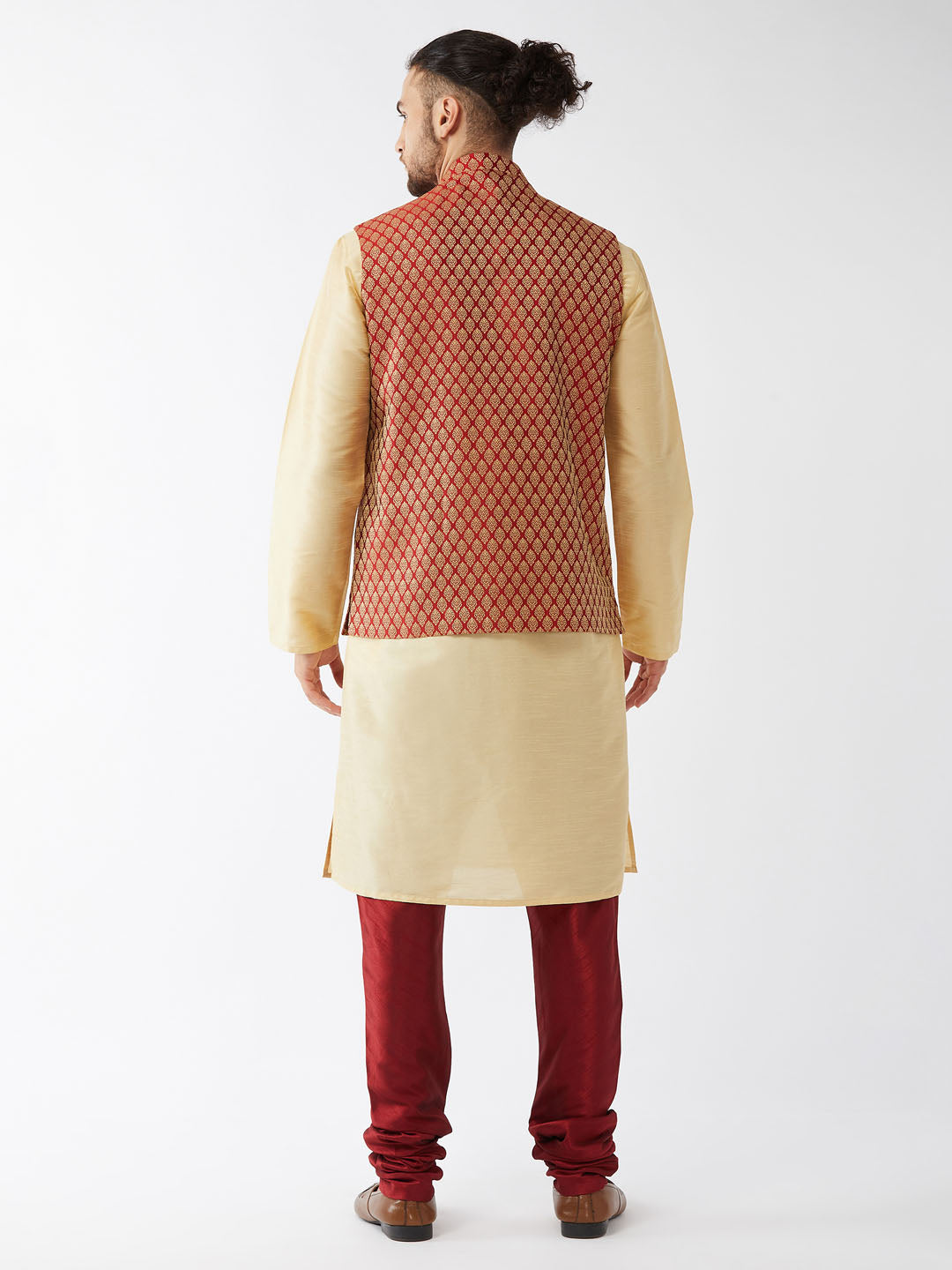 Men's Maroon Silk Blend Ethnic Jacket, Gold Kurta And Maroon Pyjama Set