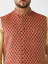 Men's Maroon Silk Blend Ethnic Jacket, Gold Kurta And Maroon Pyjama Set