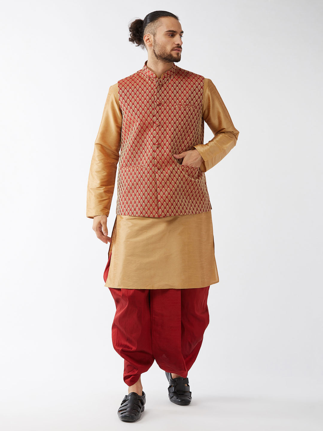 Men's Rose Gold Silk Blend Kurta And Dhoti With Maroon Woven Nehru Jacket