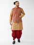 Men's Rose Gold Silk Blend Kurta And Dhoti With Maroon Woven Nehru Jacket