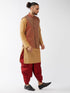 Men's Rose Gold Silk Blend Kurta And Dhoti With Maroon Woven Nehru Jacket