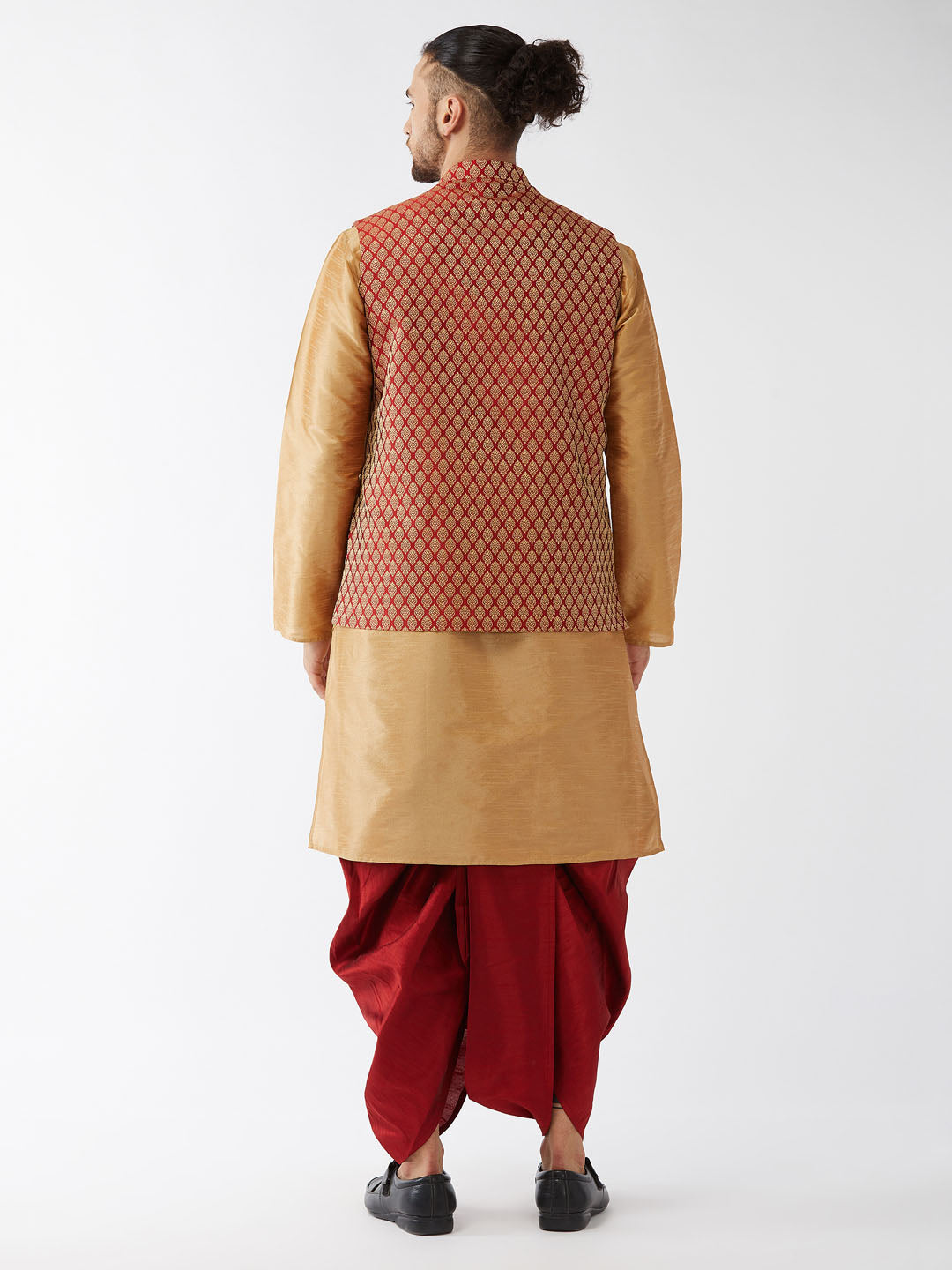 Men's Rose Gold Silk Blend Kurta And Dhoti With Maroon Woven Nehru Jacket