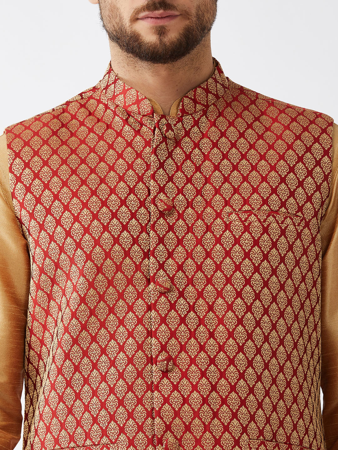 Men's Rose Gold Silk Blend Kurta And Dhoti With Maroon Woven Nehru Jacket
