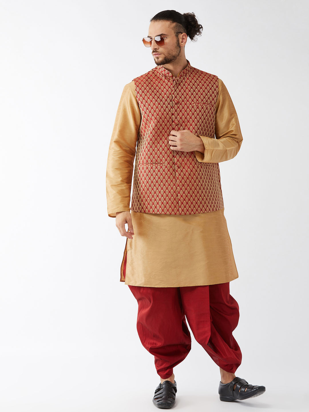 Men's Rose Gold Silk Blend Kurta And Dhoti With Maroon Woven Nehru Jacket