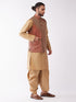 Men's Rose Gold Solid Silk Blend Kurta And Dhoti With Maroon Nehru Jacket